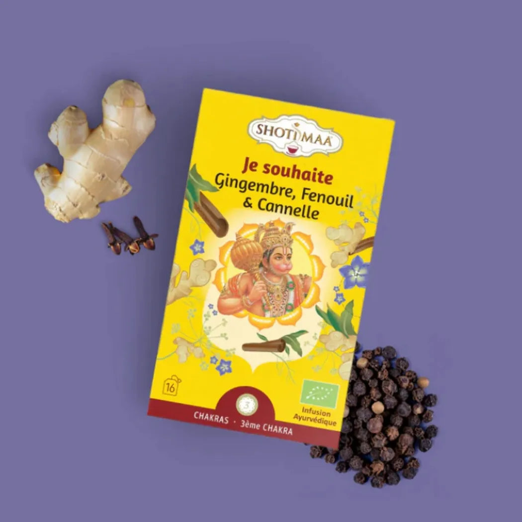 Tisane & Thé Bio Je Souhaite Gamme Chakra - Gingembre stimulant, fenouil doux et cannelle réconfortante