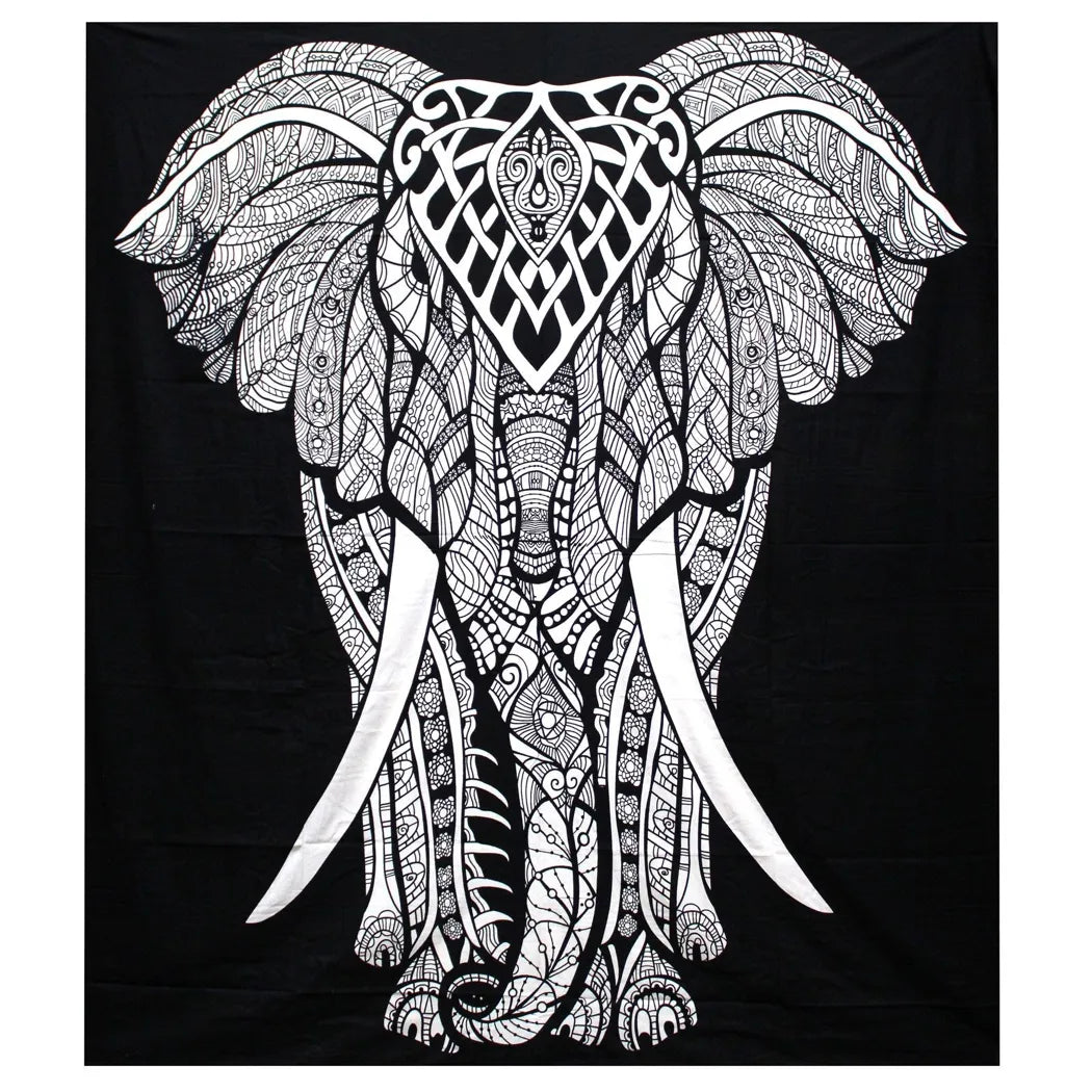 Doppel-Tagesdecke Baumwolle schwarz-weiß und Wandbehang - Elefant